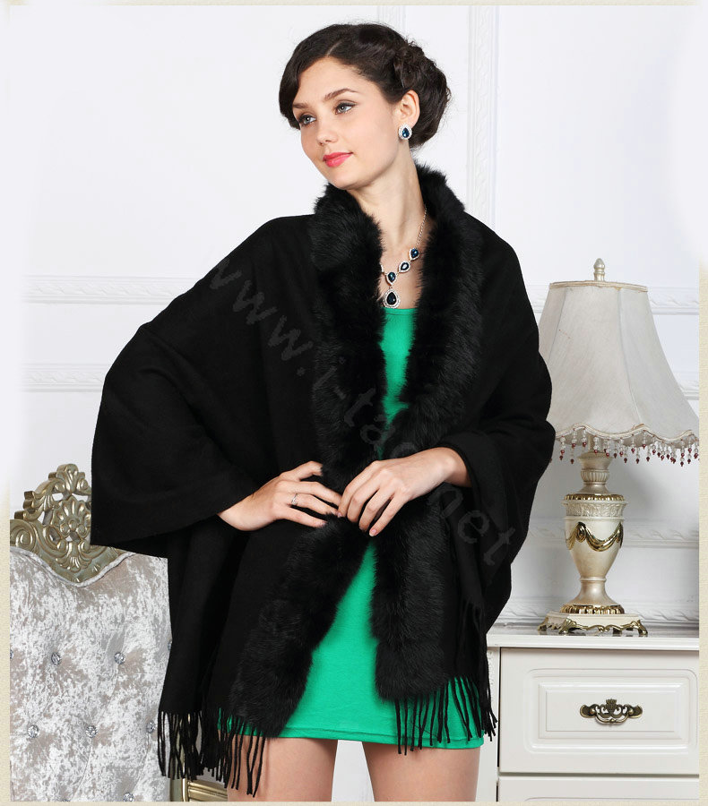 Top Grade Solid Color Wool Shawls Rex Rabbit Fur Collar Scarf Women Thicken Tassels Cape - Black