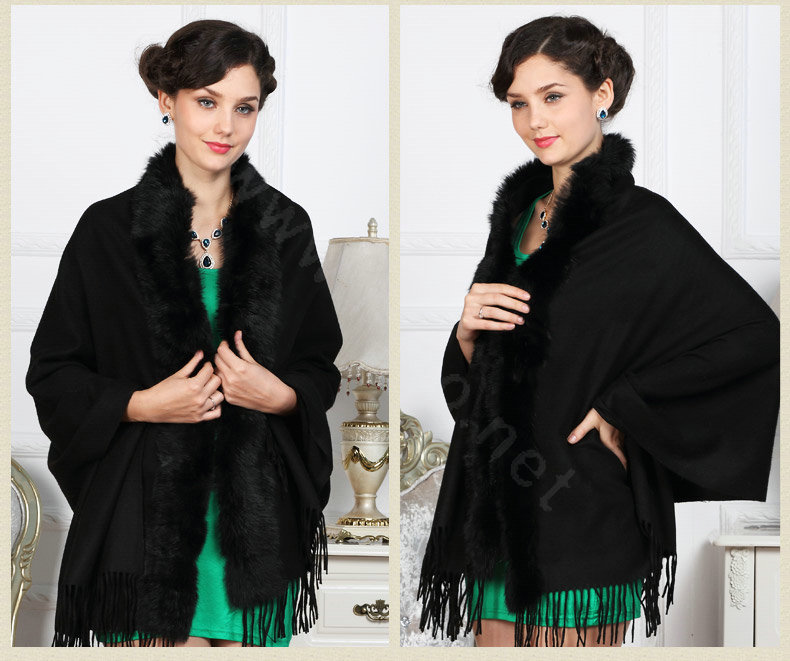 Top Grade Solid Color Wool Shawls Rex Rabbit Fur Collar Scarf Women Thicken Tassels Cape - Black
