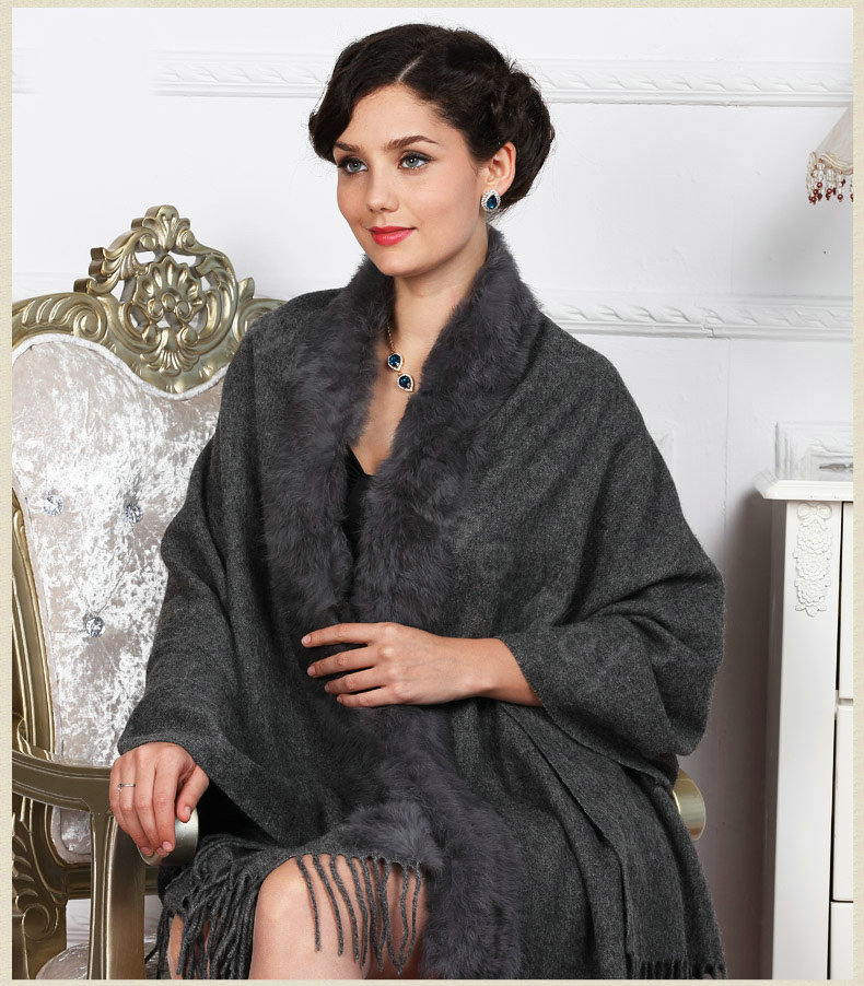 Top Grade Solid Color Wool Shawls Rex Rabbit Fur Collar Scarf Women Thicken Tassels Cape - Gray