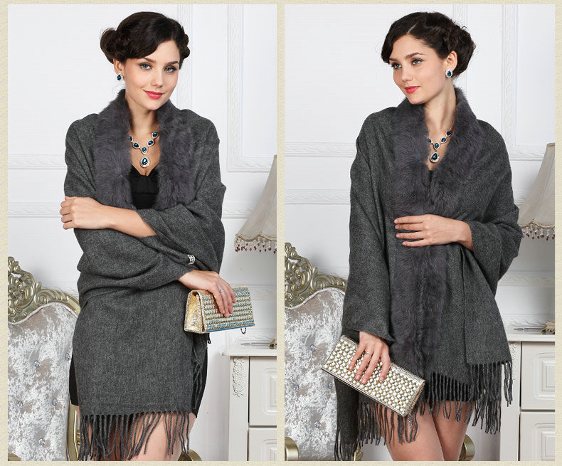 Top Grade Solid Color Wool Shawls Rex Rabbit Fur Collar Scarf Women Thicken Tassels Cape - Gray