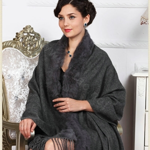 Top Grade Solid Color Wool Shawls Rex Rabbit Fur Collar Scarf Women Thicken Tassels Cape - Gray