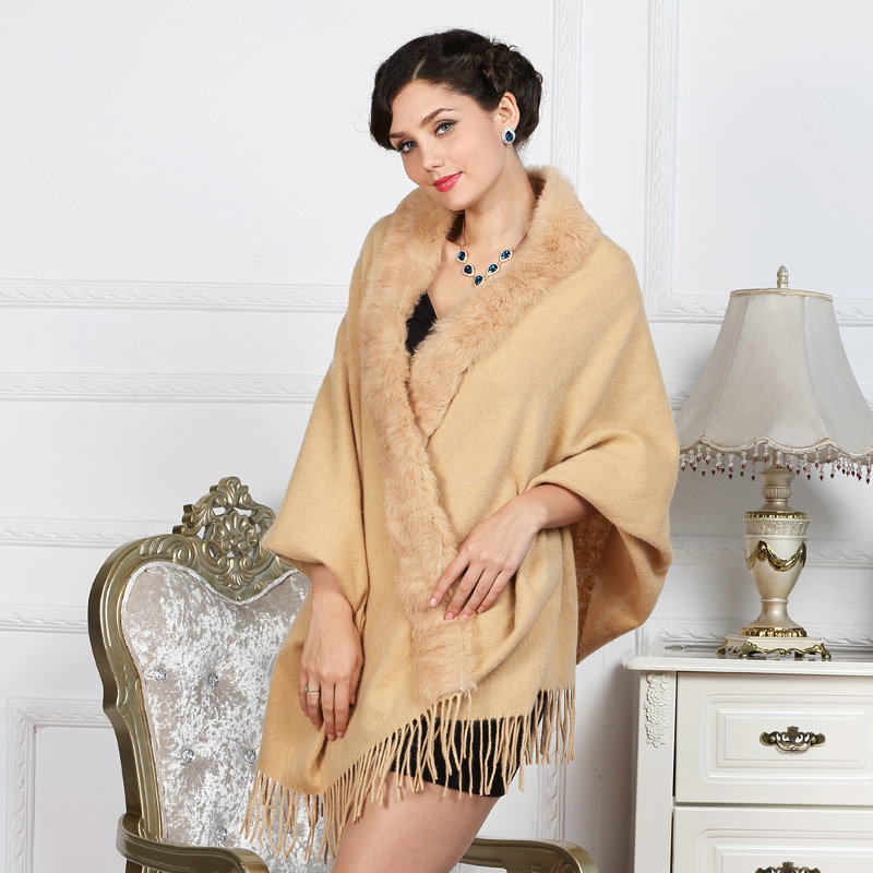 Top Grade Solid Color Wool Shawls Rex Rabbit Fur Collar Scarf Women Thicken Tassels Cape - Khaki