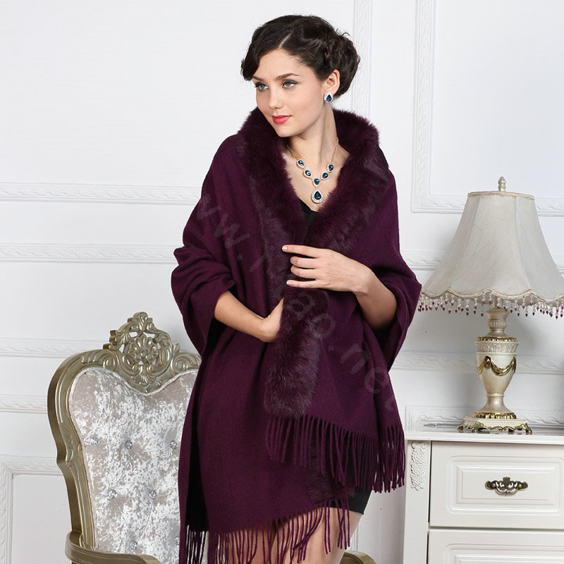 Top Grade Solid Color Wool Shawls Rex Rabbit Fur Collar Scarf Women Thicken Tassels Cape - Purple
