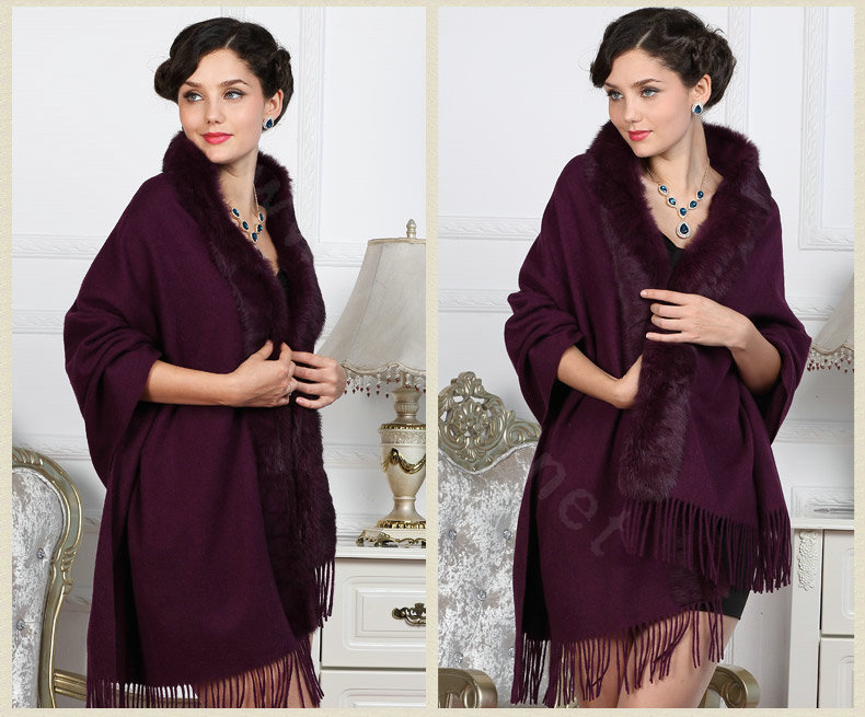 Top Grade Solid Color Wool Shawls Rex Rabbit Fur Collar Scarf Women Thicken Tassels Cape - Purple