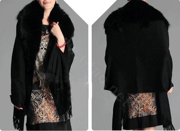 Top Grade Solid Color Wool Shawls Whole Fox Fur Scarf Women Cashmere Thicken Tassels Cape - Black
