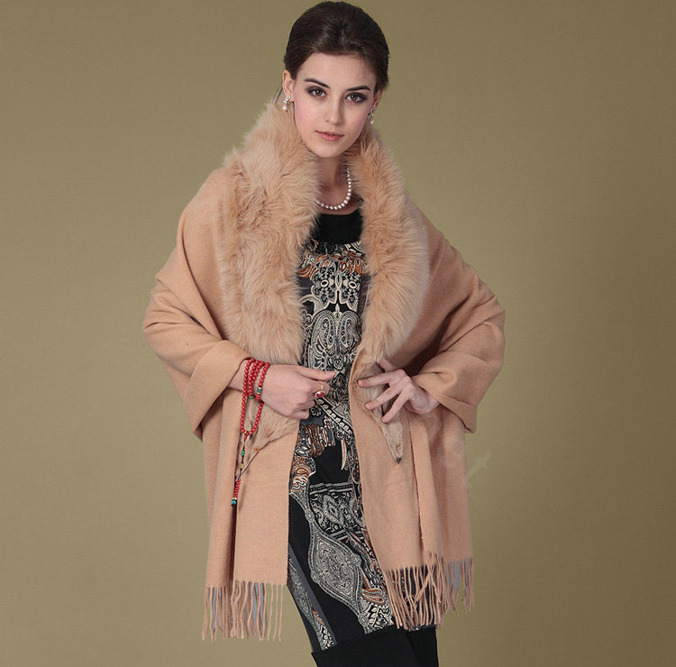 Top Grade Solid Color Wool Shawls Whole Fox Fur Scarf Women Cashmere Thicken Tassels Cape - Camel