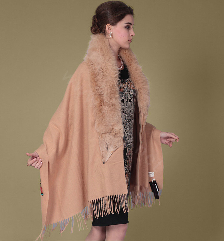 Top Grade Solid Color Wool Shawls Whole Fox Fur Scarf Women Cashmere Thicken Tassels Cape - Camel