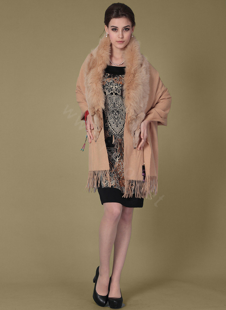 Top Grade Solid Color Wool Shawls Whole Fox Fur Scarf Women Cashmere Thicken Tassels Cape - Camel