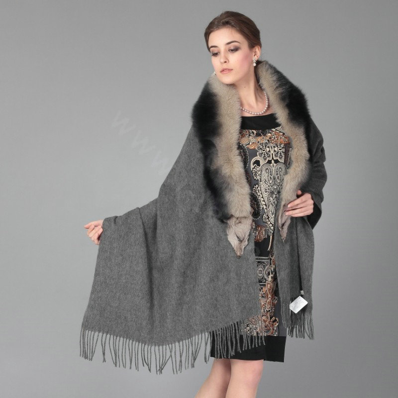 Top Grade Solid Color Wool Shawls Whole Fox Fur Scarf Women Cashmere Thicken Tassels Cape - Dark Gray