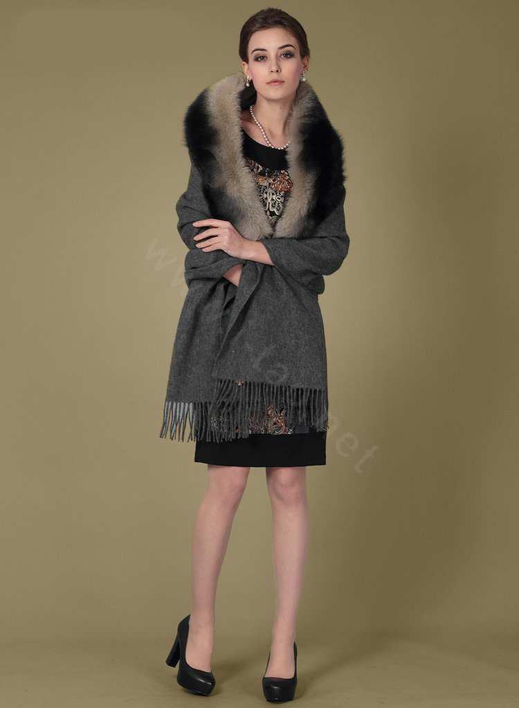 Top Grade Solid Color Wool Shawls Whole Fox Fur Scarf Women Cashmere Thicken Tassels Cape - Dark Gray