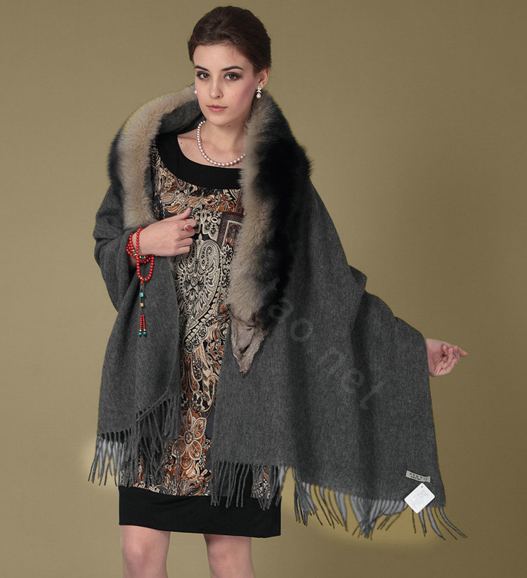Top Grade Solid Color Wool Shawls Whole Fox Fur Scarf Women Cashmere Thicken Tassels Cape - Dark Gray