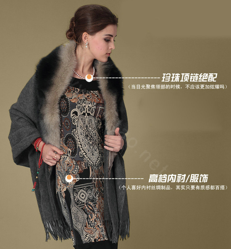 Top Grade Solid Color Wool Shawls Whole Fox Fur Scarf Women Cashmere Thicken Tassels Cape - Dark Gray