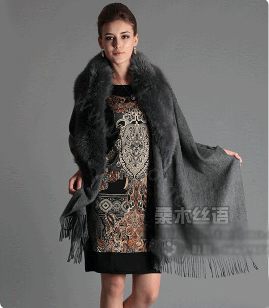 Top Grade Solid Color Wool Shawls Whole Fox Fur Scarf Women Cashmere Thicken Tassels Cape - Gray