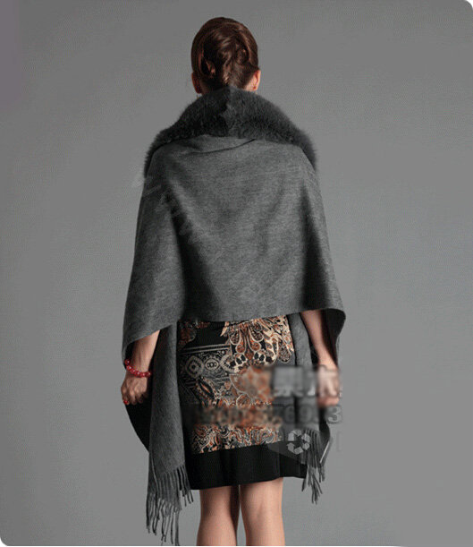 Top Grade Solid Color Wool Shawls Whole Fox Fur Scarf Women Cashmere Thicken Tassels Cape - Gray