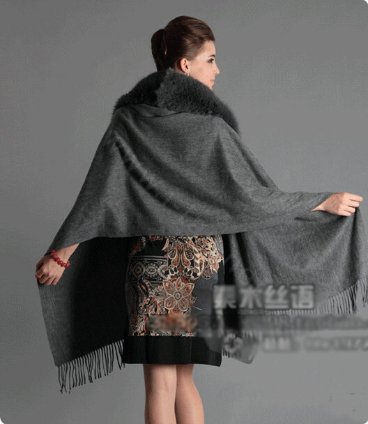 Top Grade Solid Color Wool Shawls Whole Fox Fur Scarf Women Cashmere Thicken Tassels Cape - Gray