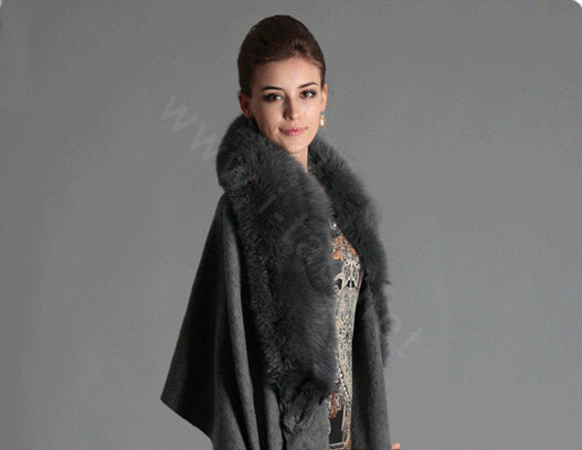 Top Grade Solid Color Wool Shawls Whole Fox Fur Scarf Women Cashmere Thicken Tassels Cape - Gray