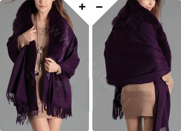 Top Grade Solid Color Wool Shawls Whole Fox Fur Scarf Women Cashmere Thicken Tassels Cape - Purple