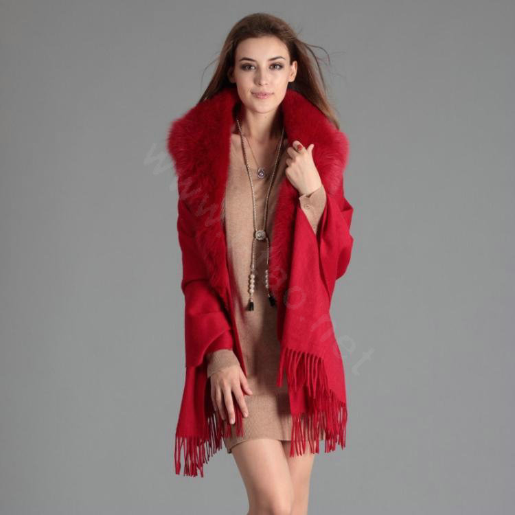 Top Grade Solid Color Wool Shawls Whole Fox Fur Scarf Women Cashmere Thicken Tassels Cape - Rose