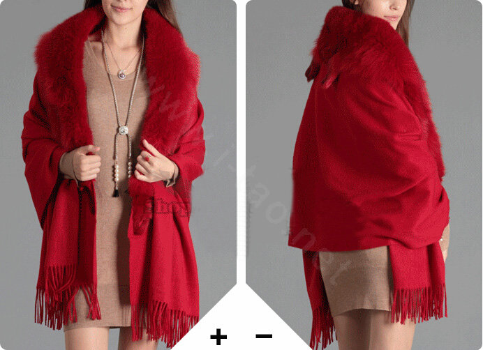 Top Grade Solid Color Wool Shawls Whole Fox Fur Scarf Women Cashmere Thicken Tassels Cape - Rose