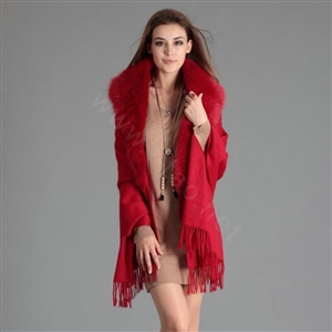 Top Grade Solid Color Wool Shawls Whole Fox Fur Scarf Women Cashmere Thicken Tassels Cape - Rose