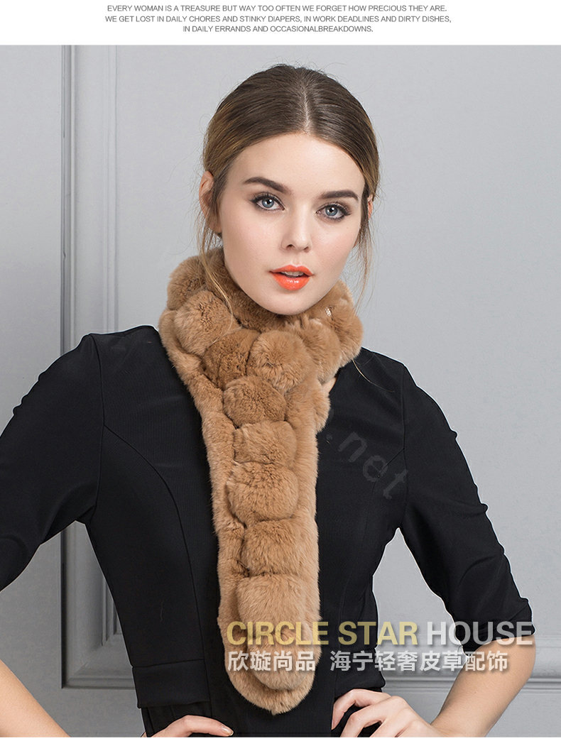 Unique Rex Rabbit Fur Scarf Women Winter Warm Neck Wrap Knitted Fur Collar Muffler - Camel