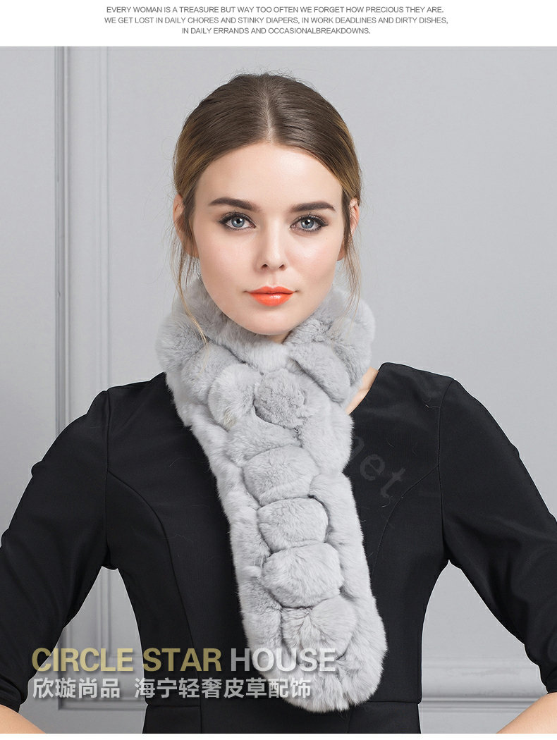 Unique Rex Rabbit Fur Scarf Women Winter Warm Neck Wrap Knitted Fur Collar Muffler - Gray