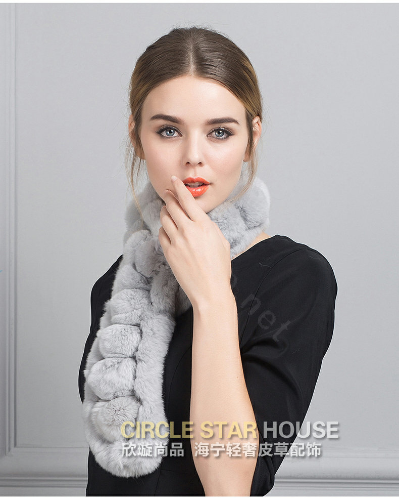 Unique Rex Rabbit Fur Scarf Women Winter Warm Neck Wrap Knitted Fur Collar Muffler - Gray