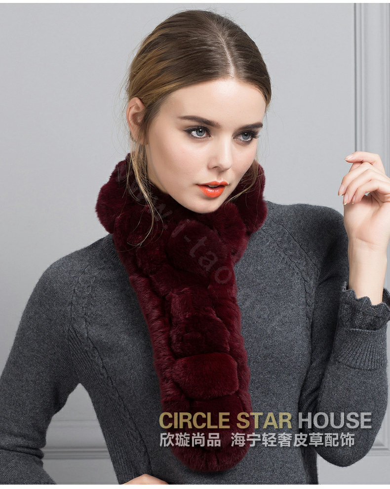 Unique Rex Rabbit Fur Scarf Women Winter Warm Neck Wrap Knitted Fur Collar Muffler - Wine Red