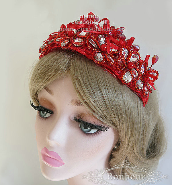 Beautiful Red Crystal beads Bridal Crown Hairwear Lace Flower Hair Headband Wedding Hair Accessories