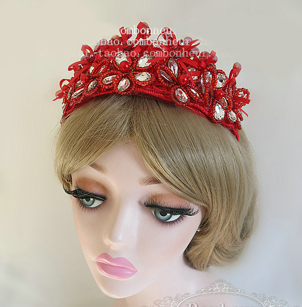 Beautiful Red Crystal beads Bridal Crown Hairwear Lace Flower Hair Headband Wedding Hair Accessories