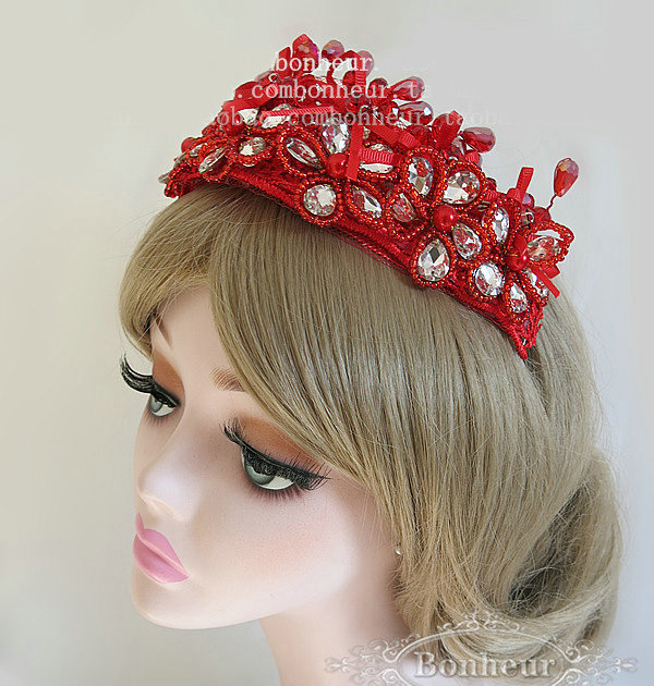 Beautiful Red Crystal beads Bridal Crown Hairwear Lace Flower Hair Headband Wedding Hair Accessories