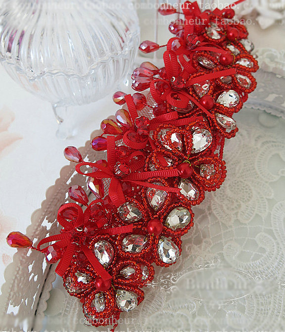 Beautiful Red Crystal beads Bridal Crown Hairwear Lace Flower Hair Headband Wedding Hair Accessories