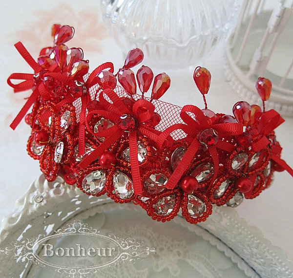 Beautiful Red Crystal beads Bridal Crown Hairwear Lace Flower Hair Headband Wedding Hair Accessories