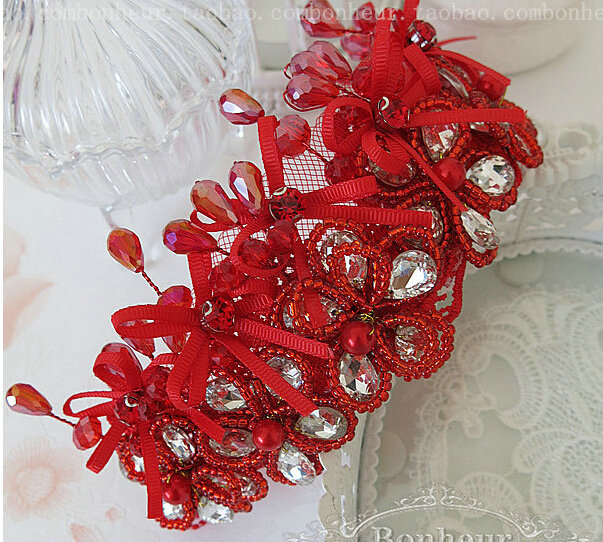 Beautiful Red Crystal beads Bridal Crown Hairwear Lace Flower Hair Headband Wedding Hair Accessories