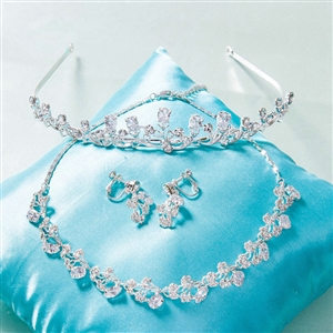 Classic Simple Wedding Jewelry Sets Crystal Flower Vine Tiara & Earrings & Bridal Zircon Necklace