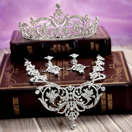 Classic Wedding Bridal Jewelry Hollow Flower Crystal Rhinestone Tiara Necklace Earrings Sets