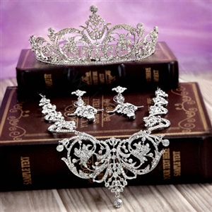 Classic Wedding Bridal Jewelry Hollow Flower Crystal Rhinestone Tiara Necklace Earrings Sets