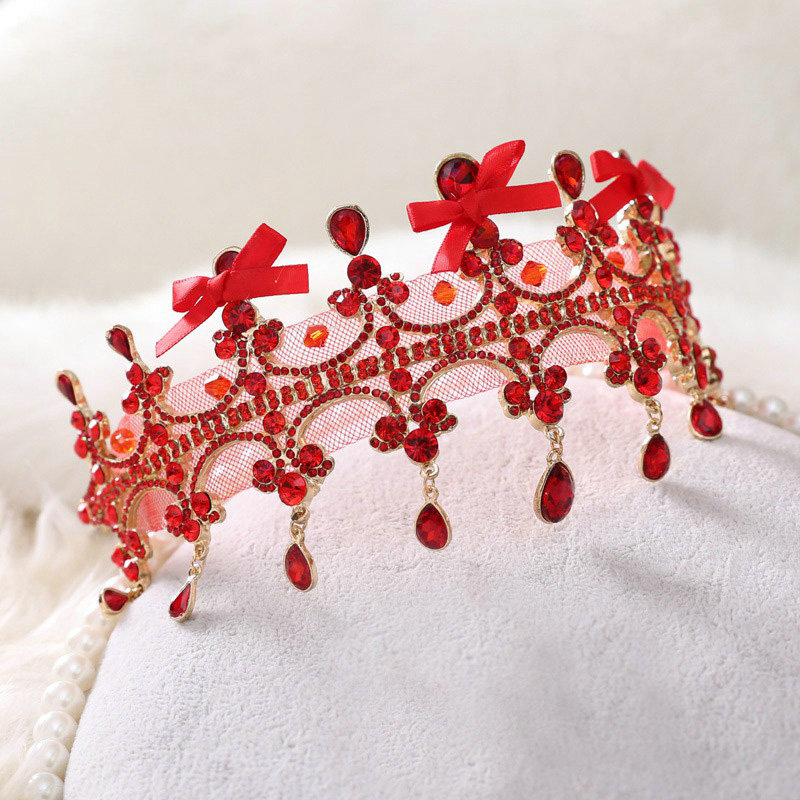 Classic Wedding Jewelry Red Gauze Crystal Tassel Tiaras Bridal Rhinestone Crown Hair Accessories