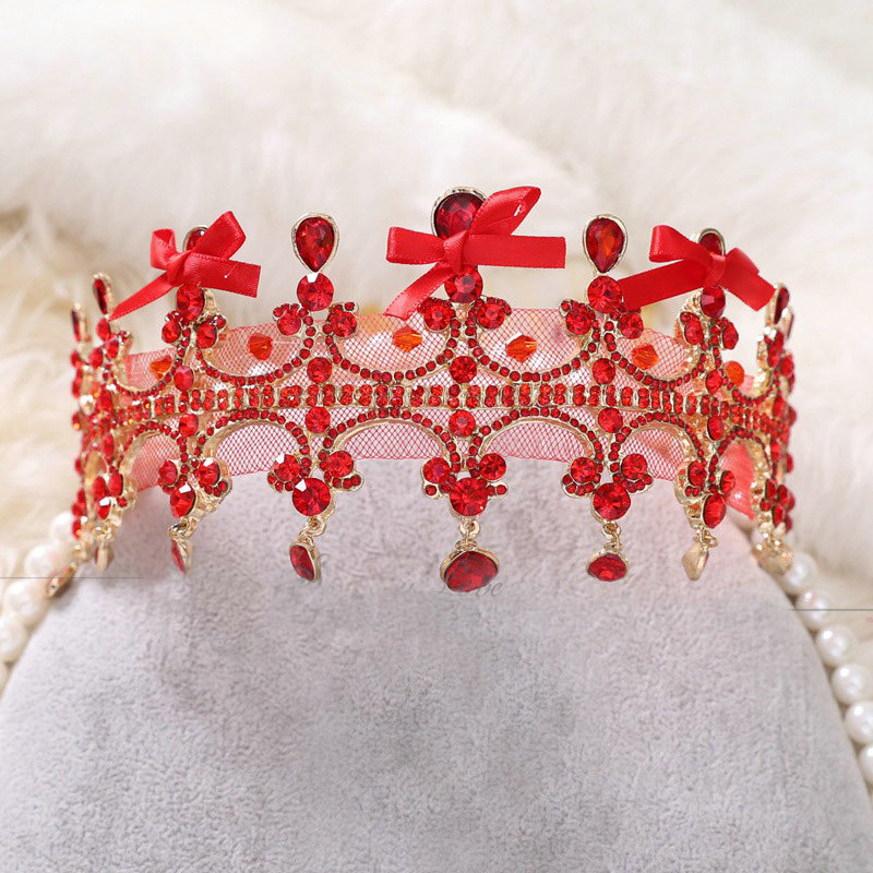 Classic Wedding Jewelry Red Gauze Crystal Tassel Tiaras Bridal Rhinestone Crown Hair Accessories