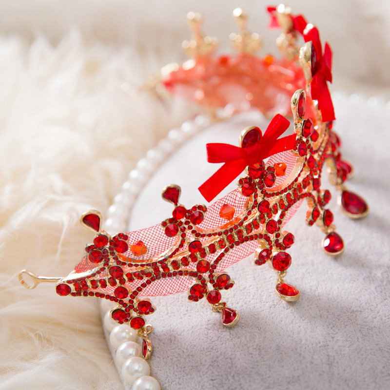 Classic Wedding Jewelry Red Gauze Crystal Tassel Tiaras Bridal Rhinestone Crown Hair Accessories
