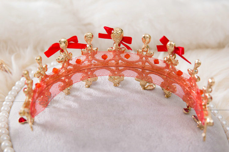 Classic Wedding Jewelry Red Gauze Crystal Tassel Tiaras Bridal Rhinestone Crown Hair Accessories
