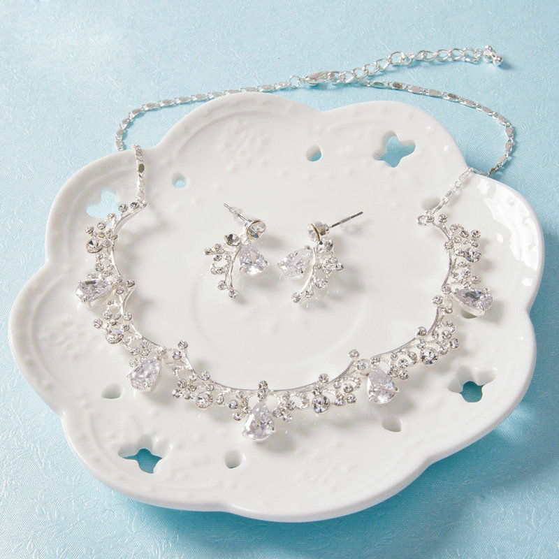 Classic Wedding Jewelry Sets Crystal Water drop Flower Vine Tiara & Earrings & Bridal Zircon Necklace