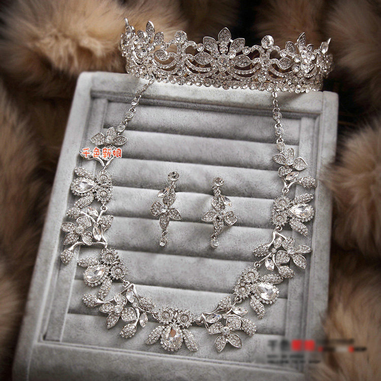 Clear Crystal Luxury Wedding Jewelry Sets For Bridal Flower Necklace Earrings Tiara