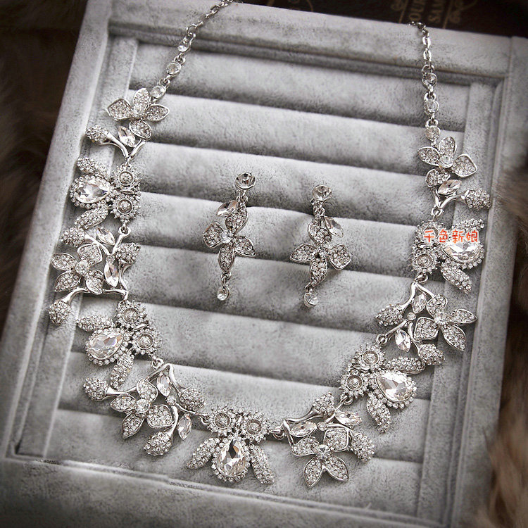 Clear Crystal Luxury Wedding Jewelry Sets For Bridal Flower Necklace Earrings Tiara