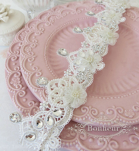 Elegant Bling Pearl Crystal Bridal Hairwear Lace Flower Hair Headband Jewelry Wedding Bride Hair Accessories