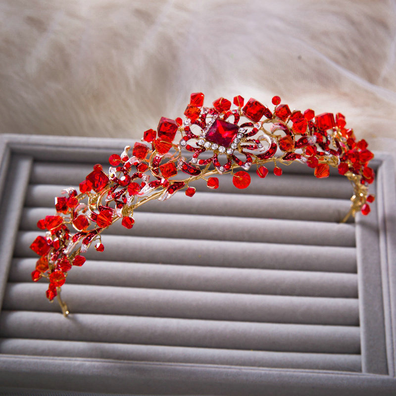Elegant Retro Wedding Jewelry Flower Red Crystal Beads Tiaras Bridal Rhinestone Hair Hoop Accessories