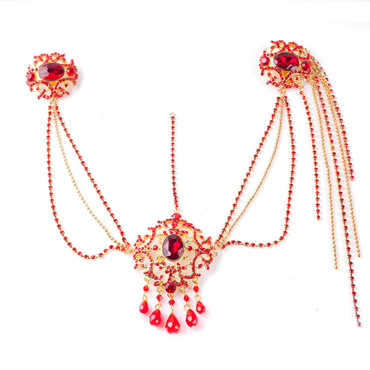 Elegant Wedding Bohemia Headdress Jewelry Red Crystal Beads Tassel Bridal Headband Hair Accessories