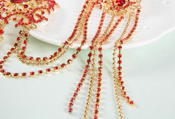 Elegant Wedding Bohemia Headdress Jewelry Red Crystal Beads Tassel Bridal Headband Hair Accessories