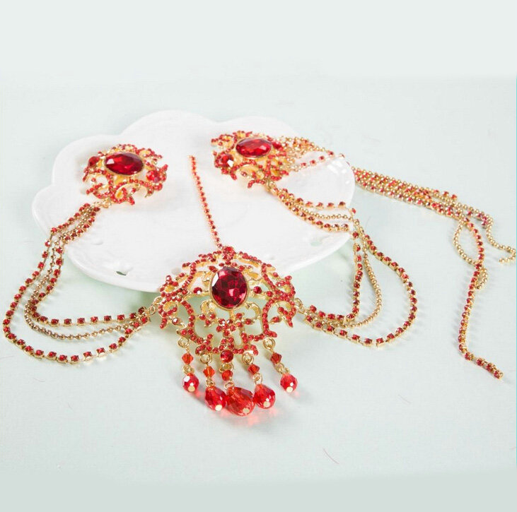Elegant Wedding Bohemia Headdress Jewelry Red Crystal Beads Tassel Bridal Headband Hair Accessories