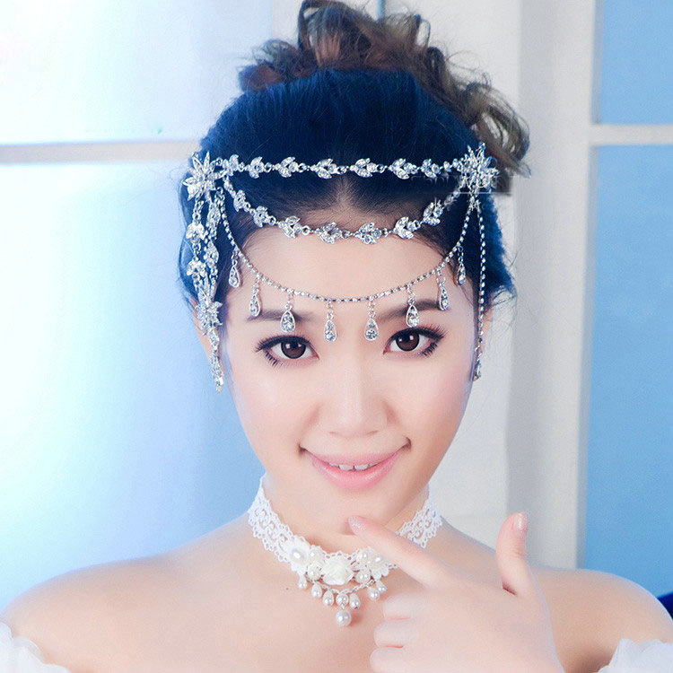Elegant Wedding Headdress Jewelry Flower Crystal Tassel Bridal Headband Rhinestone Hair Accessories